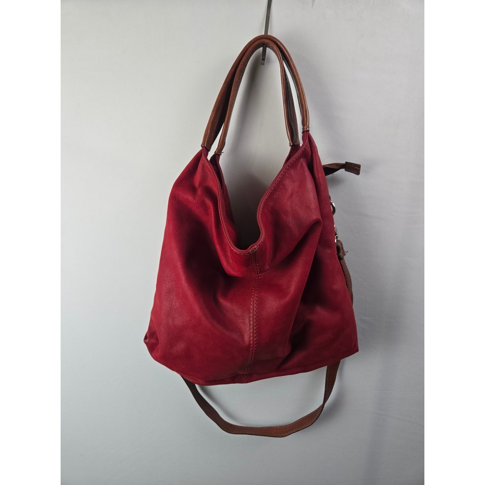 Toscana Red Leather Hobo Bag Made in Italy Brown Trim Boho Casual Lagenlook